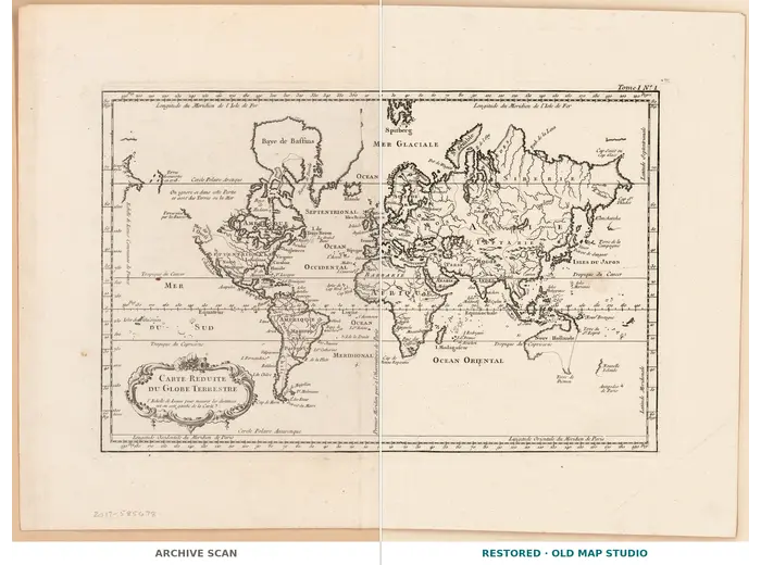 Antique World Map 1764 — Bellin, Carte réduite du globe — full sheet before and after restoration