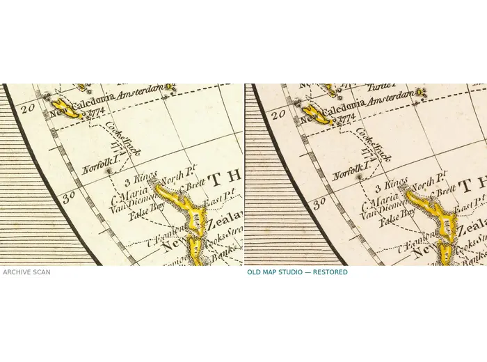 Antique World Map 1794 — Dunn, A New Map of the World — before and after restoration