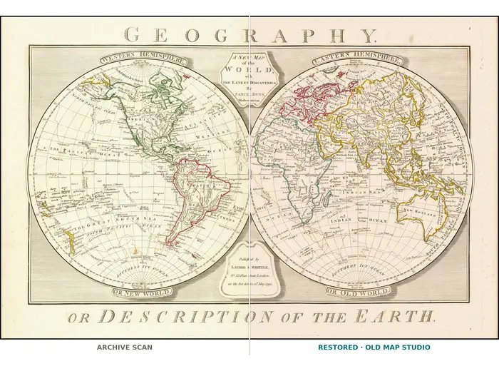 Antique World Map 1794 — Dunn, A New Map of the World — full sheet before and after restoration