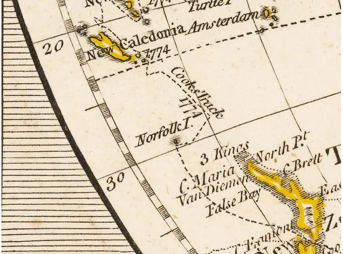 Antique World Map 1794 — Dunn, A New Map of the World — detail 3: cooks track new zealand v0925