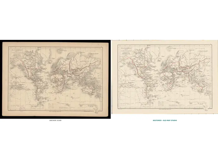 Oude wereldkaart ca. 1867 — Drioux, Planisphère — volledig blad voor en na restauratie