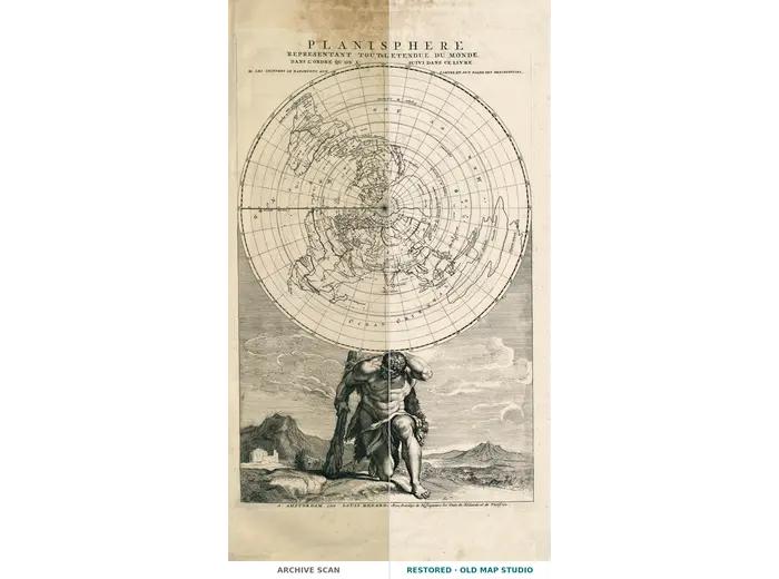 Antique World Map 1715 — Renard, Planisphere — full sheet before and after restoration