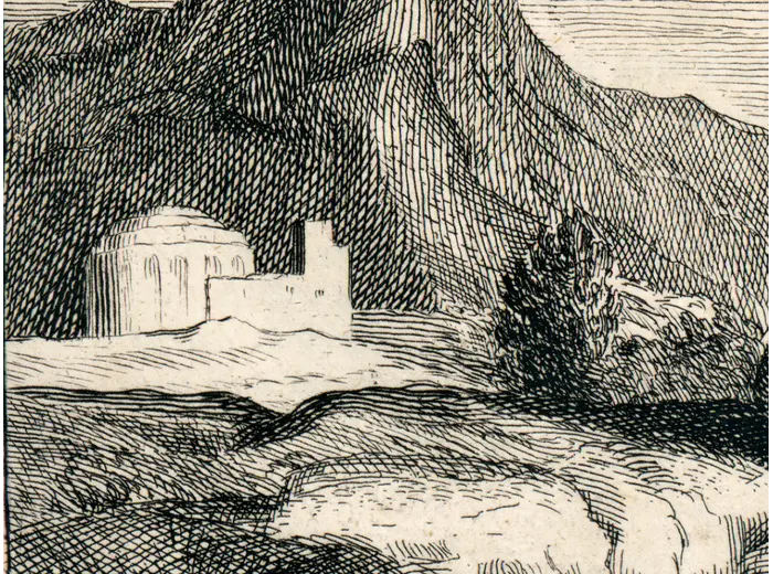 Antique World Map 1715 — Renard, Planisphere — detail 5: temple landscape