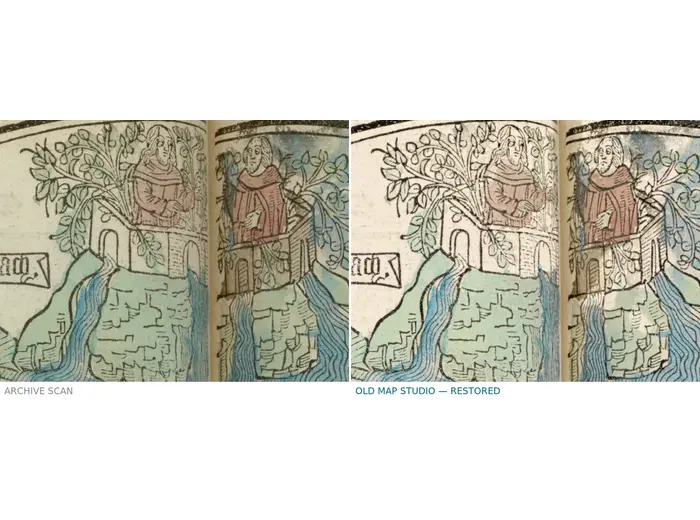 Oude wereldkaart ca. 1488 — Le Rouge, La mer des hystoires — voor en na restauratie