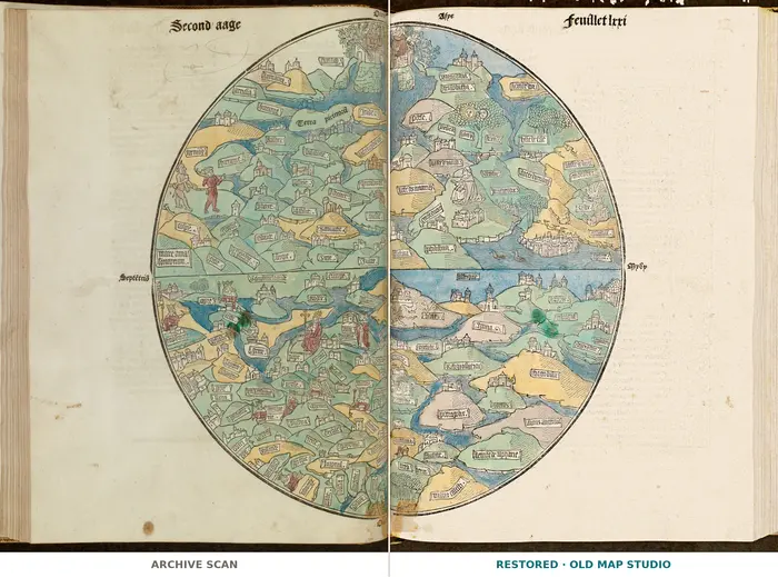 Oude wereldkaart ca. 1488 — Le Rouge, La mer des hystoires — volledig blad voor en na restauratie
