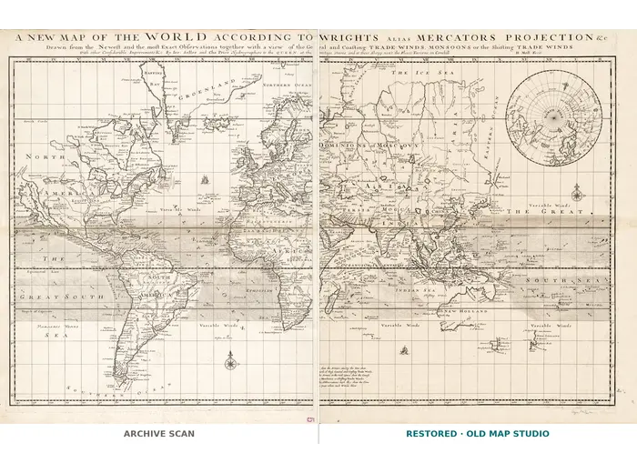 Antique World Map 1706 — Moll, A New Map of the World — full sheet before and after restoration