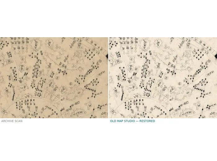 Chinese Constellation Map 1601–1633 — Fen ye yu tu Manuscript — before and after restoration