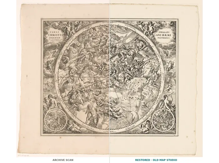 Antique Star Chart 1708 — Coelistellati Christiani — full sheet before and after restoration