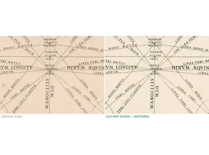 Antique Star Chart 1708 — Orbits of Mars, Jupiter and Saturn — before and after restoration