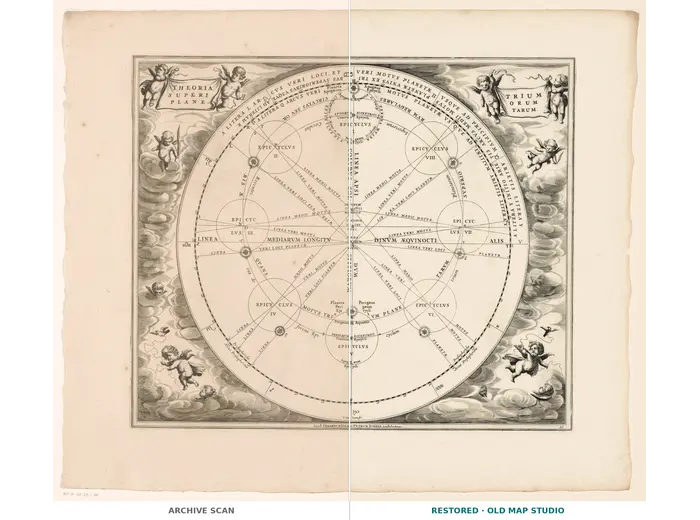 Antique Star Chart 1708 — Orbits of Mars, Jupiter and Saturn — full sheet before and after restoration