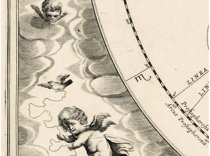 Antique Star Chart 1708 — Orbits of Mars, Jupiter and Saturn — detail 5: putti with bird