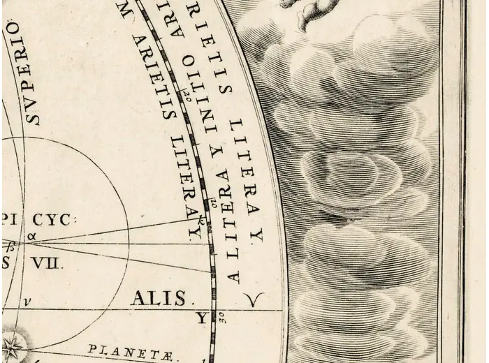 Antique Star Chart 1708 — Orbits of Mars, Jupiter and Saturn — detail 6: cloud hatching