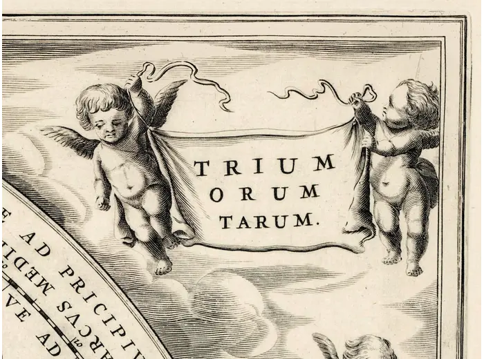 Antique Star Chart 1708 — Orbits of Mars, Jupiter and Saturn — detail 7: title cartouche right