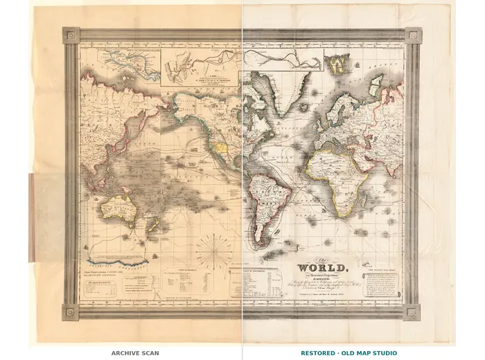 Antique World Map 1850 — Burr, Mercator's Projection — full sheet before and after restoration