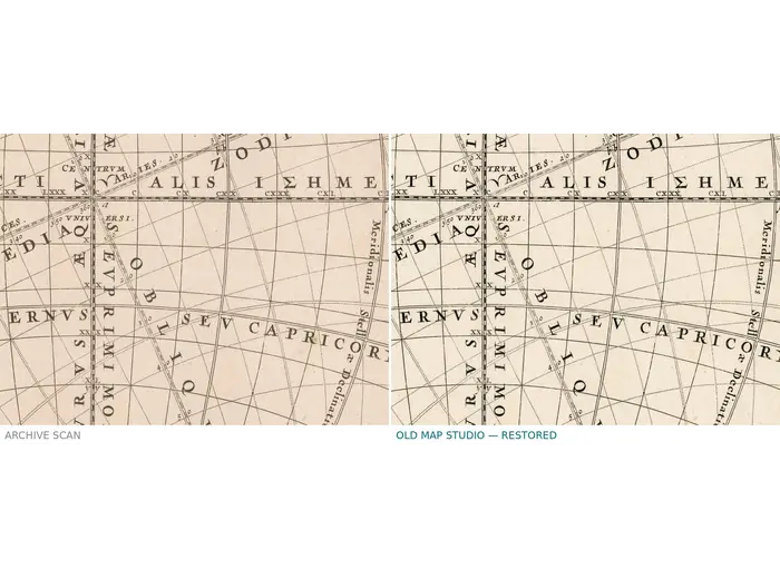 Antique Star Chart 1708 — Haemisphaeria Sphaerarum — before and after restoration
