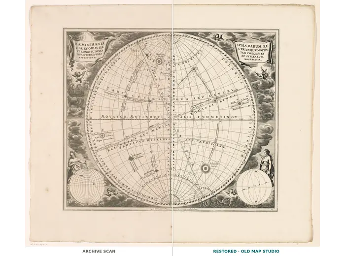 Antique Star Chart 1708 — Haemisphaeria Sphaerarum — full sheet before and after restoration