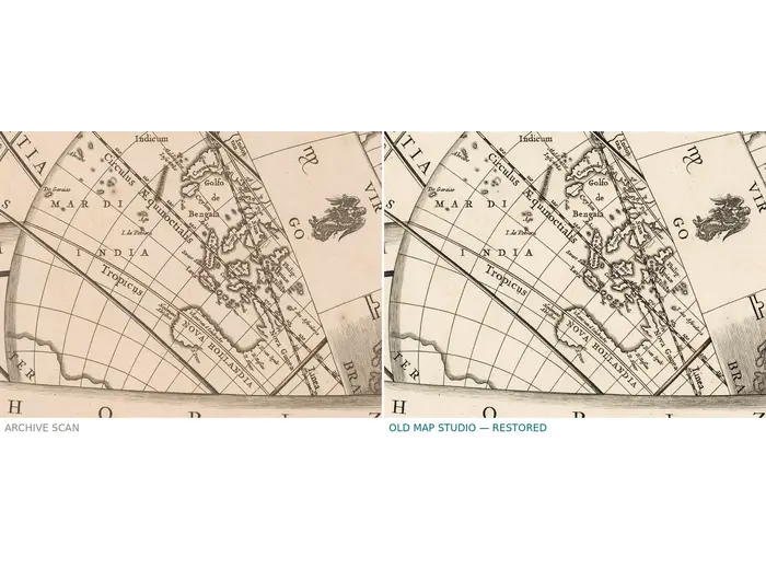 Antique Star Chart 1708 — Situs Terrae, Ptolemaic Heavens — before and after restoration