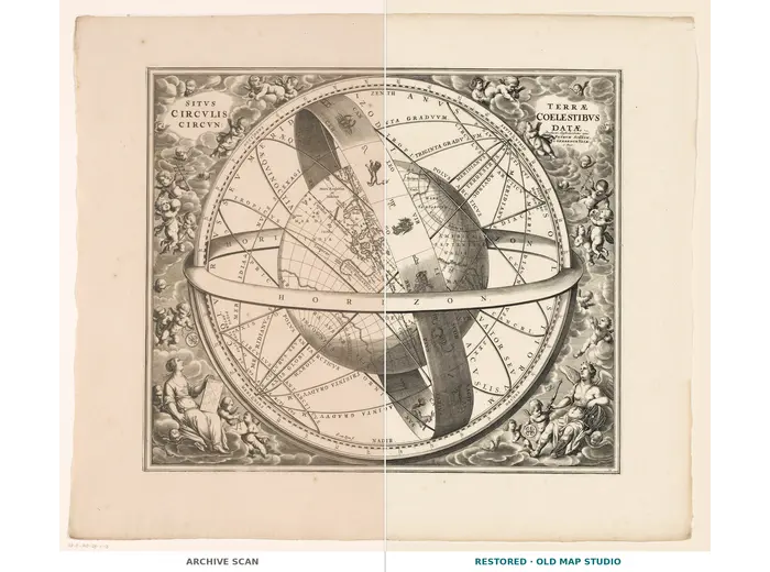 Antique Star Chart 1708 — Situs Terrae, Ptolemaic Heavens — full sheet before and after restoration