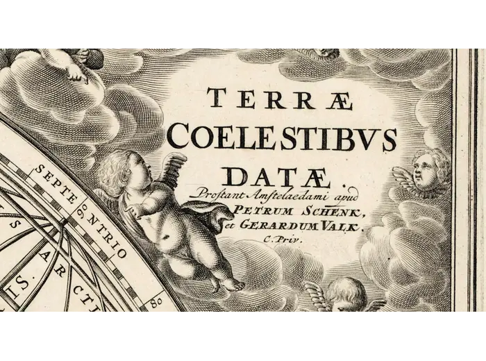 Antique Star Chart 1708 — Situs Terrae, Ptolemaic Heavens — detail 2: title imprint schenk valk