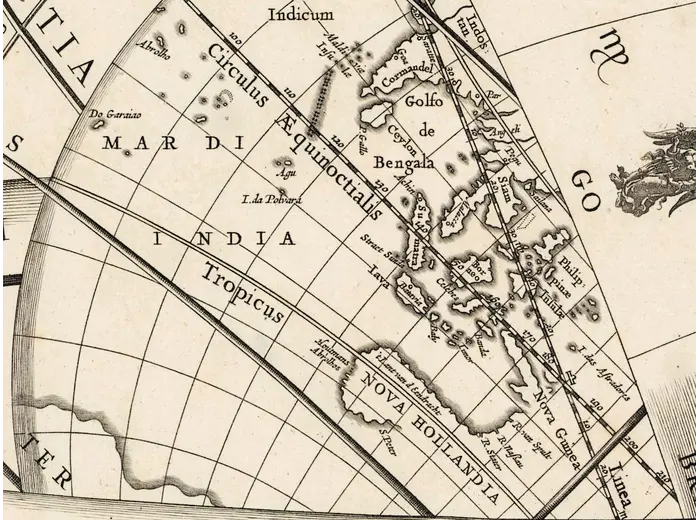 Antique Star Chart 1708 — Situs Terrae, Ptolemaic Heavens — detail 3: india nova hollandia