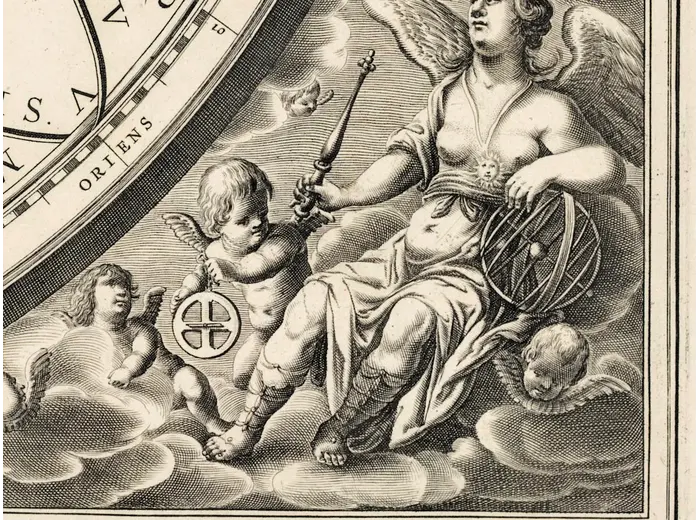 Antique Star Chart 1708 — Situs Terrae, Ptolemaic Heavens — detail 5: urania armillary