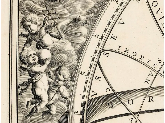 Antique Star Chart 1708 — Situs Terrae, Ptolemaic Heavens — detail 6: putti clouds