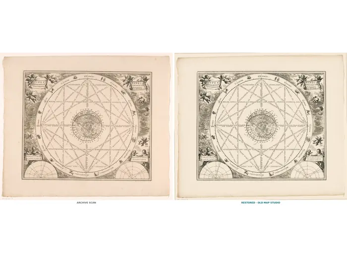 Antique Star Chart 1708 — Typus Aspectuum, Northern Sky — full sheet before and after restoration