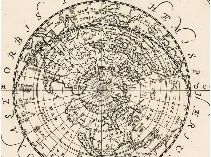 Antique Star Chart 1708 — Typus Aspectuum, Northern Sky — detail 3: orbis terrae centre