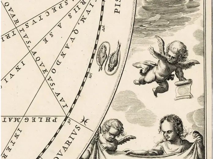Antique Star Chart 1708 — Typus Aspectuum, Northern Sky — detail 6: cloud hatching putto