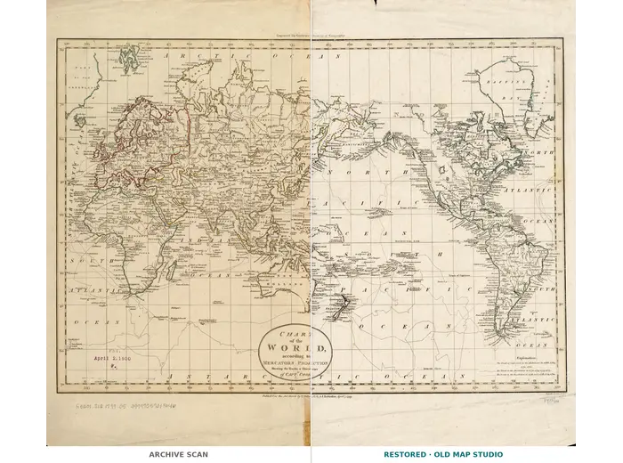 Antique World Map 1799 — Chart of the World — full sheet before and after restoration