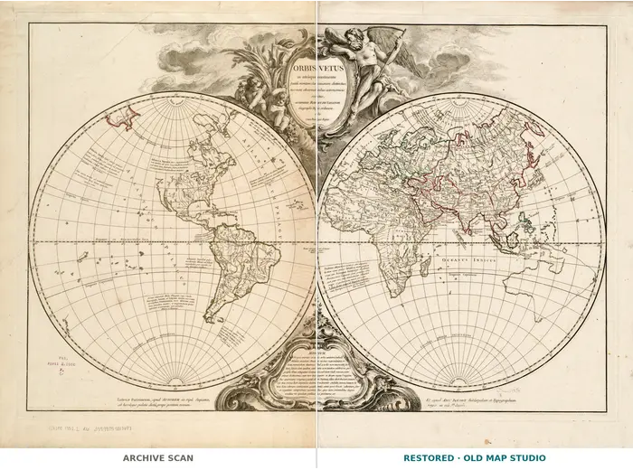 Antique World Map 1752 — Robert de Vaugondy, Orbis Vetus — full sheet before and after restoration