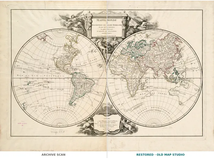 Antique World Map 1752 — Robert de Vaugondy, Mappemonde — full sheet before and after restoration