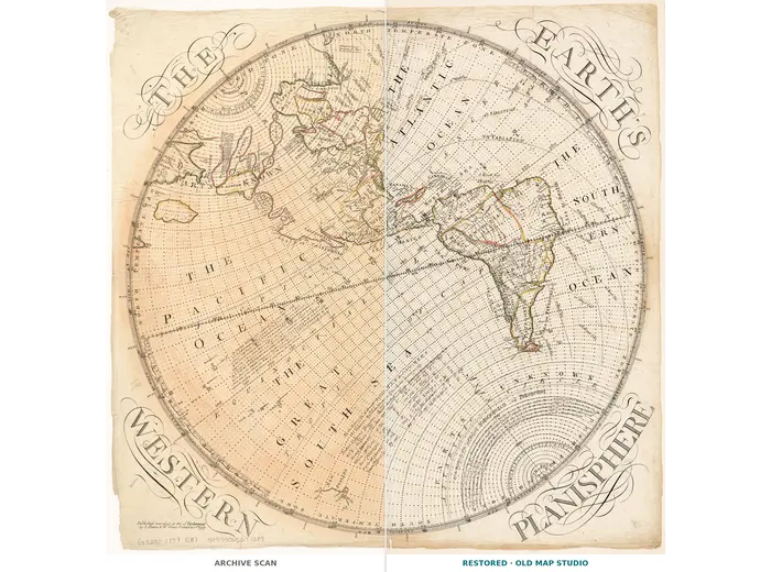 Antique World Map 1757 — The Earth's Western Planisphere — full sheet before and after restoration