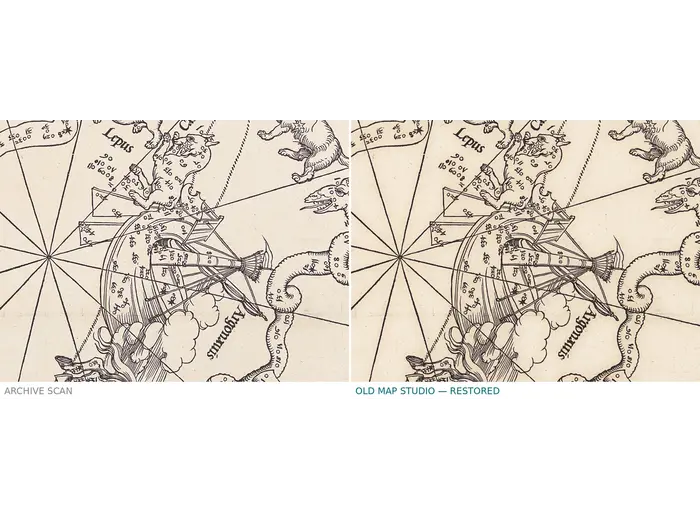 Antique Constellation Map 1515 — Dürer, Imagines coeli Meridionales — before and after restoration