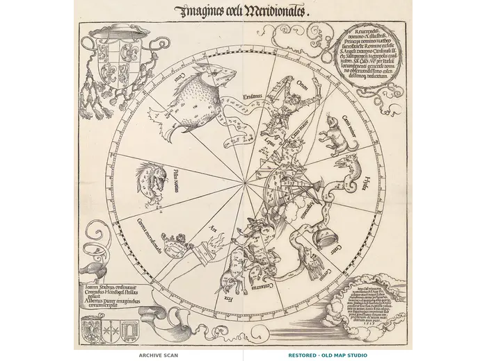 Antique Constellation Map 1515 — Dürer, Imagines coeli Meridionales — full sheet before and after restoration