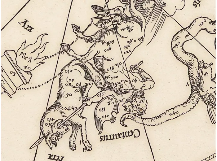 Antique Constellation Map 1515 — Dürer, Imagines coeli Meridionales — detail 4: centaurus lupus