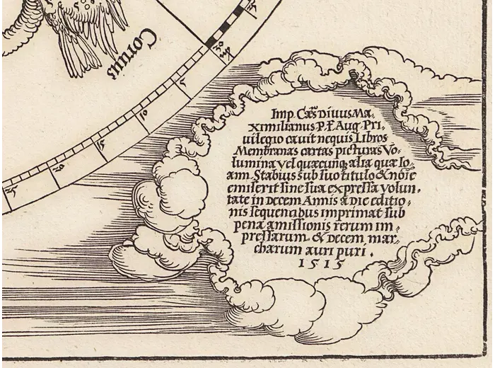Antique Constellation Map 1515 — Dürer, Imagines coeli Meridionales — detail 6: privilege clouds 1515