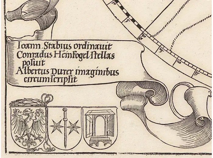 Antique Constellation Map 1515 — Dürer, Imagines coeli Meridionales — detail 7: stabius heinfogel durer signature