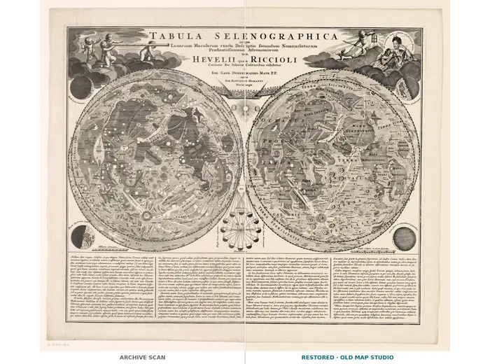 Antique Moon Map c. 1702 — Doppelmayr, Tabula Selenographica — full sheet before and after restoration