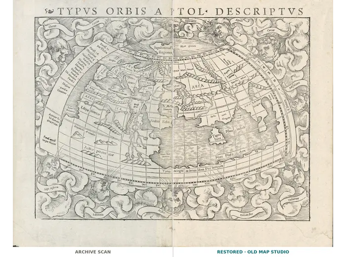 Antique World Map 1540 — Münster, Typvs Orbis a Ptol. Descriptus — full sheet before and after restoration