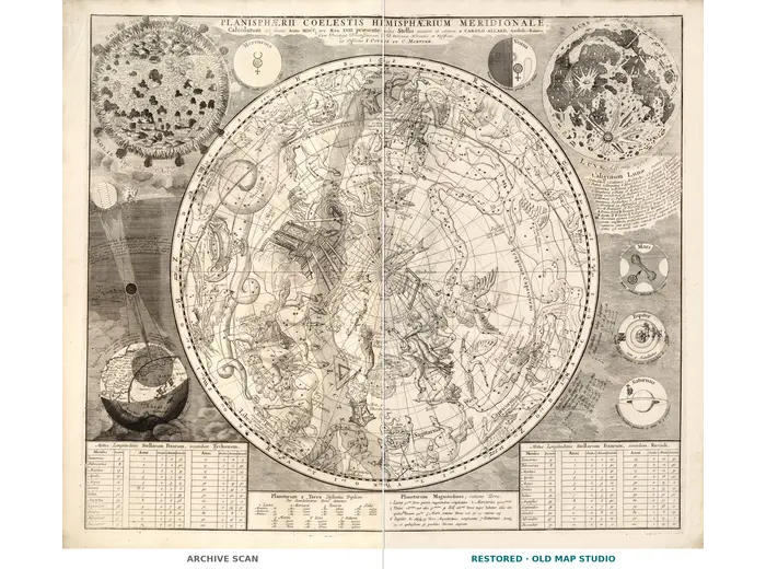 Antique Star Chart 1700 — Allard, Southern Celestial Hemisphere — full sheet before and after restoration