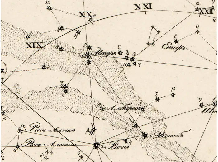 Antique Constellation Chart 1829 — Reissig, St Petersburg — detail 4: vega deneb milky way