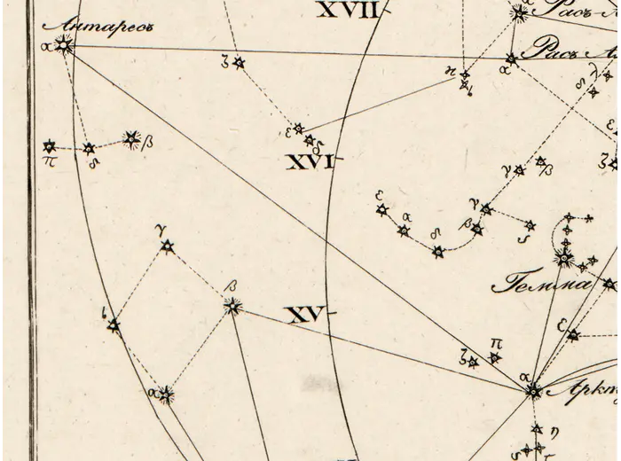Antique Constellation Chart 1829 — Reissig, St Petersburg — detail 7: arcturus antares