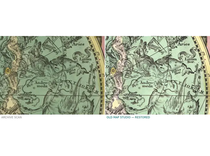 Antique Star Chart c. 1772 — Lotter, Planisphaerium Coeleste — before and after restoration