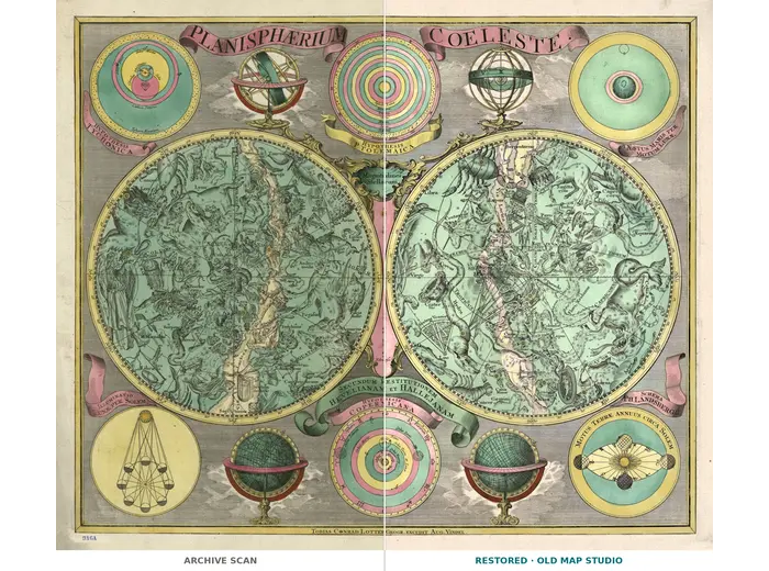 Antique Star Chart c. 1772 — Lotter, Planisphaerium Coeleste — full sheet before and after restoration