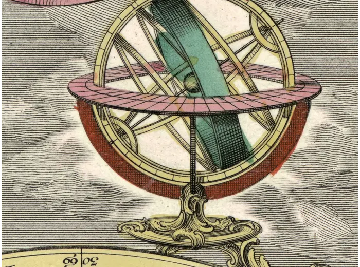 Antique Star Chart c. 1772 — Lotter, Planisphaerium Coeleste — detail 5: armillary sphere