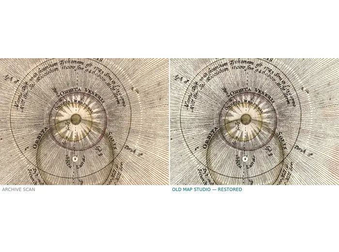Antique Star Chart 1716 — Homann, Systema Mundi Tychonicum — before and after restoration