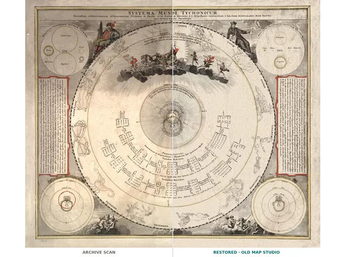 Antique Star Chart 1716 — Homann, Systema Mundi Tychonicum — full sheet before and after restoration