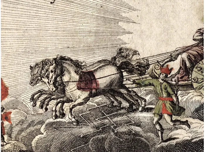 Antique Star Chart 1716 — Homann, Systema Mundi Tychonicum — detail 5: sun chariot