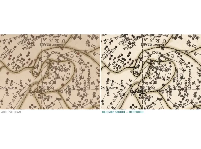 Constellation Map 1909 — Dilks, Stars of the First 5 Magnitudes — before and after restoration